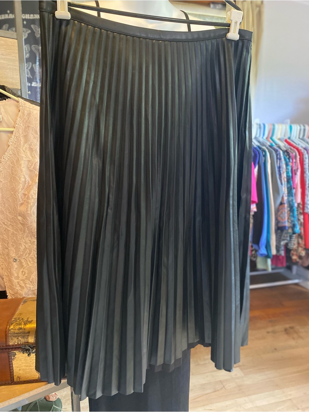 Banana Republic Black Pleated Midi Faux Leather Skirt